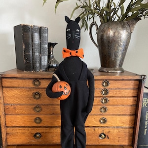 Primitive Black Cat Halloween Decor, Handmade Folk Art