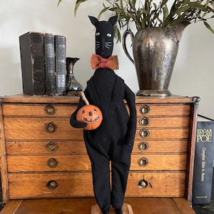 Primitive Black Cat Halloween Decor, Handmade Folk Art