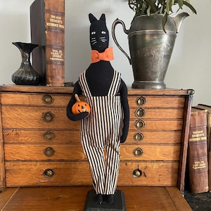 Primitive Black Cat Halloween Decor, Handmade Folk Art