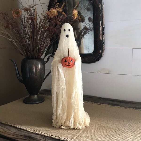 Primitive Ghost Halloween Decor, Handmade Folk Art, Rustic Fall