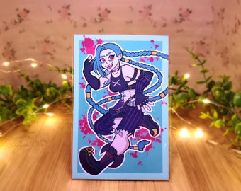 May include: A blue and purple cartoon character with blue hair and a pink and white background. The character is wearing a black and white outfit and has a pink and white background.