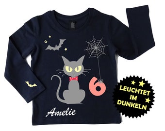 Halloweenshirt mit Leuchtfarbe, Geburtstagsshirt Kinder mit Zahl und Name, Langarm navi