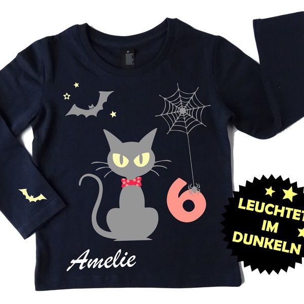 Halloweenshirt mit Leuchtfarbe, Geburtstagsshirt Kinder mit Zahl und Name, Langarm navi