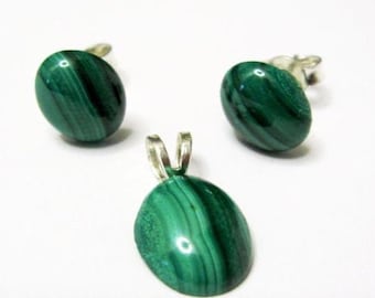 Jewelry set malachite stud earrings & pendant silver 925