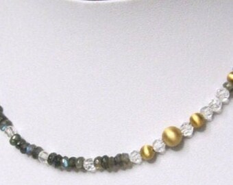 Gemstone necklace Labradorite rock crystal with gold, gold-plated silver 925