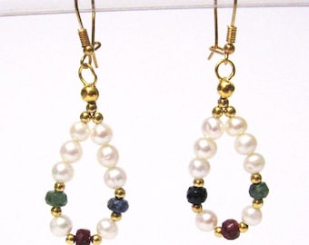 Earrings with pearl emerald ruby sapphire, silver gold plated, birthday gift