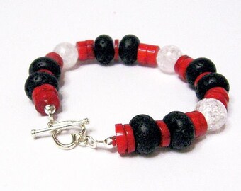 Bracelet, coral-lava-rock crystal, gemstone bracelet