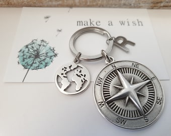 World with compass keychain personalized / gift for women / men / gift set