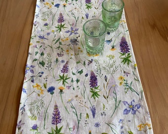 Scandinavian wildflower meadow, table runner, yellow/purple 100% linen