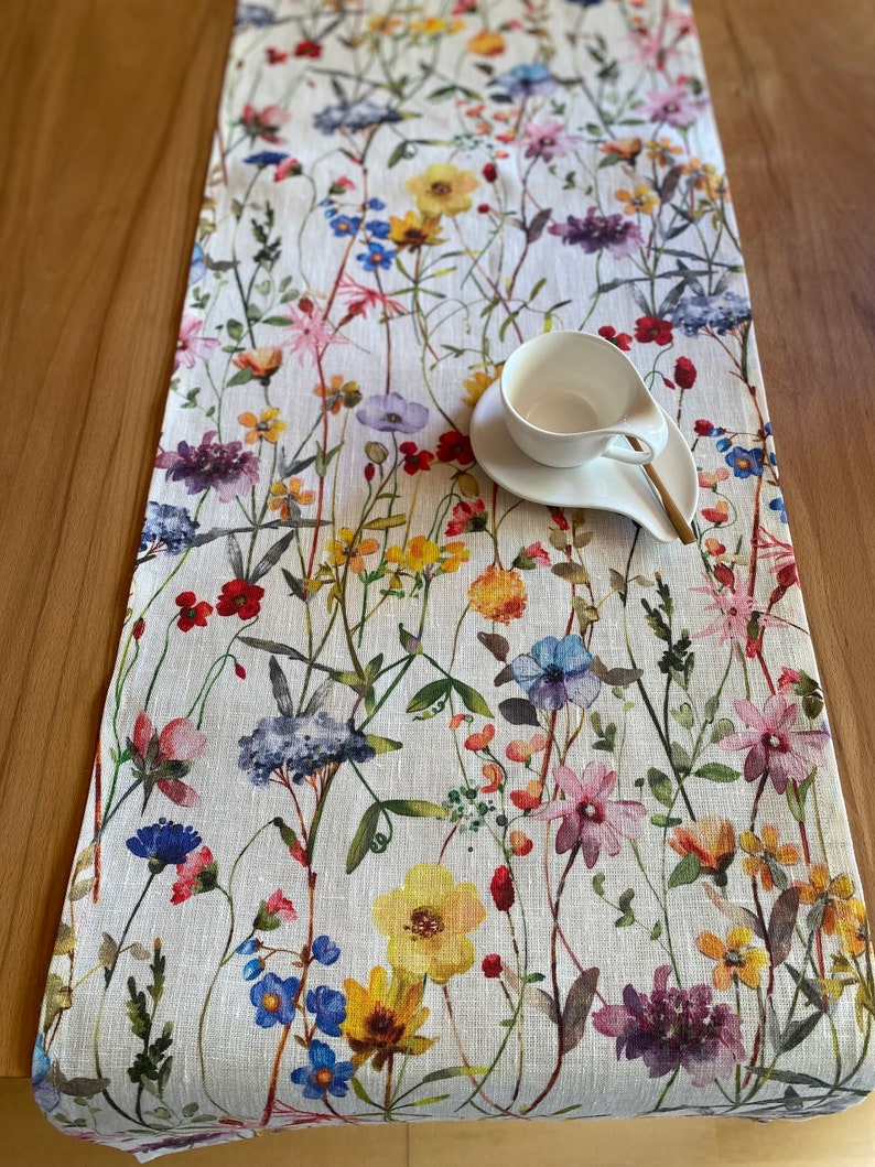 Scandinavian wildest wildflower meadow, table runner, shabby chic 100% linen image 2