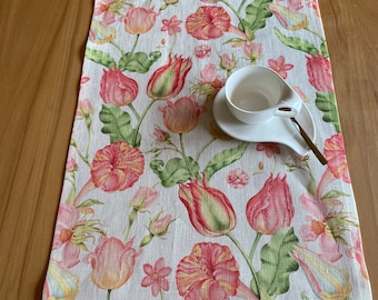 Pink blossom dream, spring table runner 100% linen, Scandinavian style, shabby chic