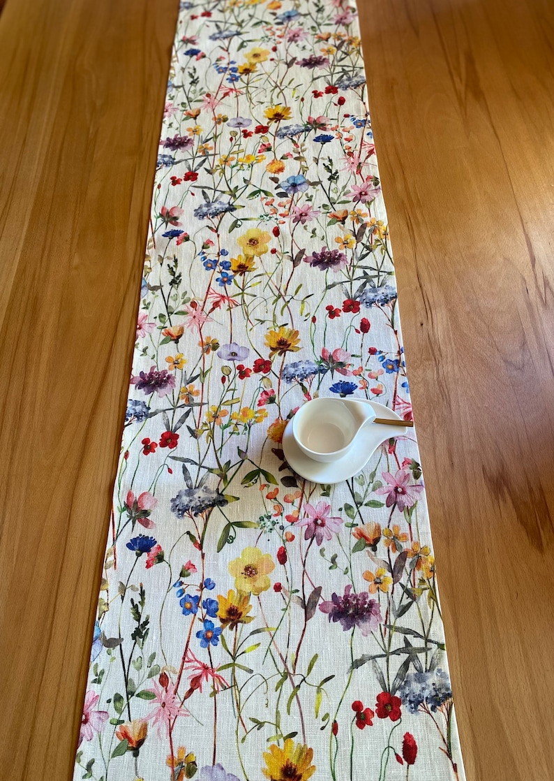 Scandinavian wildest wildflower meadow, table runner, shabby chic 100% linen image 5