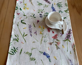 Prairie de fleurs sauvages scandinave, chemin de table, shabby chic 100% lin