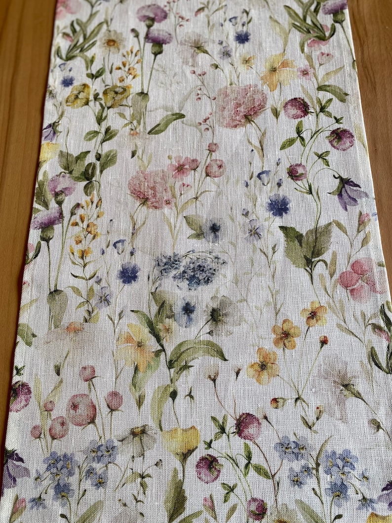 Pastellfarbene ,florale Wildblumenwiese ,Tischläufer,Shabby chic100%Leinen Bild 4