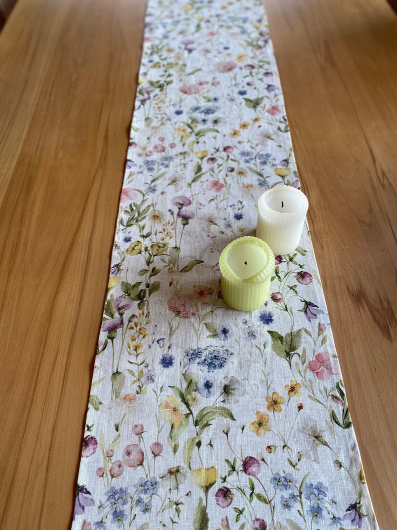 Pastellfarbene ,florale Wildblumenwiese ,Tischläufer,Shabby chic100%Leinen Bild 2