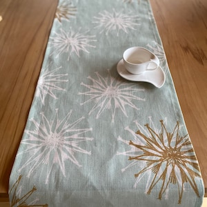 Peut inclure: Chemin de table bleu clair avec un motif répété de motifs d'éclats d'étoiles blancs et dorés. Une tasse et une soucoupe blanches sont posées sur le chemin de table. Le chemin de table est en tissu et mesure environ 30 cm de large.