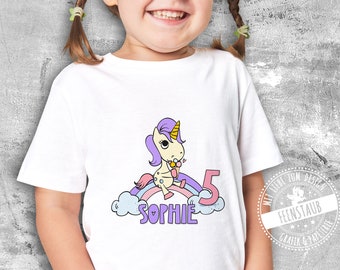 Bügelbild Einhorn Geburtstag, Bügelfolie mit Name und Alter Zahl personalisierbar, Regenbogen in rosa und lila für Mädchen, Kindergarten