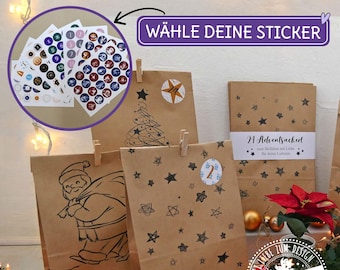 Advent calendar to fill, 24 printed paper bags with number stickers and clothespins, Advent calendar bags large for children