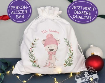 Nikolaussack Weihnachtsbeutel mit Namen personalisiert, süße Geschenkverpackung Weihnachten Bär, Stoffbeutel Nikolausstiefel Alternative