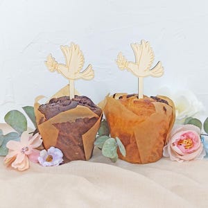 Decorazioni per muffin per comunione e battesimo | Decorazioni per torte in legno | 4 pezzi | Decorazione per torta battesimale a forma di colomba | Set di decorazioni per muffin | Decorazione per torta della cresima