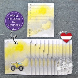 Op de afbeelding: Een set van 12 blanco pagina's met gele aquarel accenten en een illustratie van een bouwtruck. De pagina's zijn ontworpen voor een 4-ringband en hebben genummerde regels. De tekst "WÄHLE 4er ODER 12er REGISTER" is zichtbaar in de afbeelding.