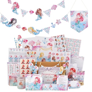Kindergeburtstag Meerjungfrau große Motto-Box | Deko-Set für Meerjungfrauen Mottoparty | Geburtstag Set mit Einladungen | Deko Kinderparty