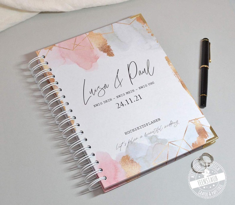 Libro de planificación de bodas personalizado, planificador de bodas alemán con muchas listas de verificación, consejos, incluida una biblioteca en línea, con nombres y fecha imagen 2