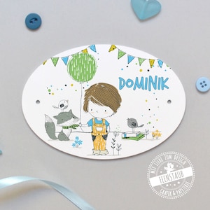 Targa per porta della cameretta dei bambini personalizzata con nome, ragazzo blu, targa in plastica, targhetta con nome ovale stampata da Fairy Dust Stationery