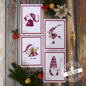 Weihnachtskarten Grußkarten für Weihnachten im 4er Set süße Postkarten auf deutsch, Weihnachtsgnom, Weihnachtswichtel, Weihnachtszwerg