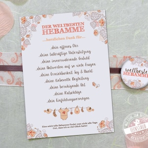 Hebamme Geschenk als Dankeschön zur Begleitung der Schwangerschaft und Geburt, weltbeste Hebamme Karte mit Button, Danke Postkarte Hebamme
