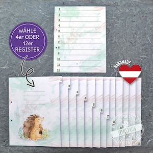 Könnte beinhalten: Ein Satz von 12 druckbaren Seiten mit einem Aquarellhintergrund und einer Igel-Illustration. Die Seiten sind von 1 bis 12 nummeriert und haben Linien zum Schreiben. Der Text "WÄHLE 4er ODER 12er REGISTER" befindet sich auf einem lila Kreis.