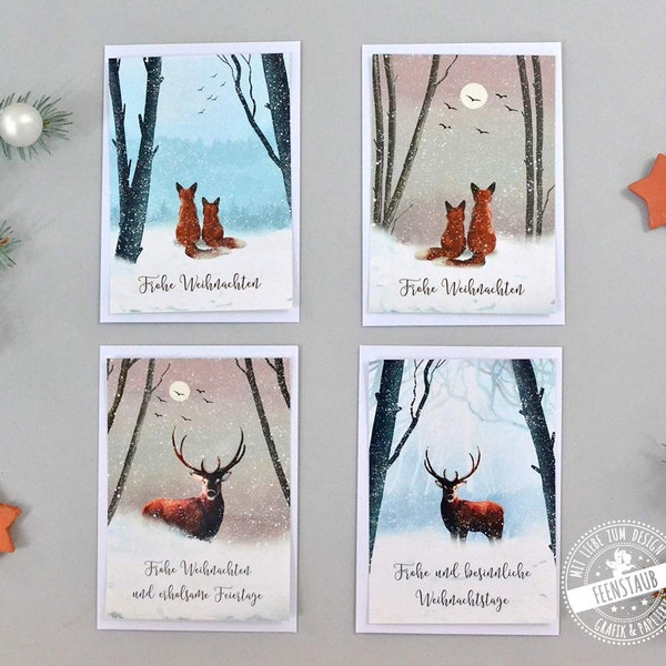 Weihnachtskarten Grußkarten für Weihnachten im 4er Set süße Weihnachtsgrußkarten auf deutsch, mit Winterlandschaft Wald, Füchsen und Hirsche