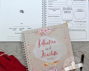 Gästebuch für die Hochzeit, mit vorgedruckten Fragen zum Ausfüllen, personalisierbar, Hochzeitsgästebuch Boho Hardcover Buchdeckel