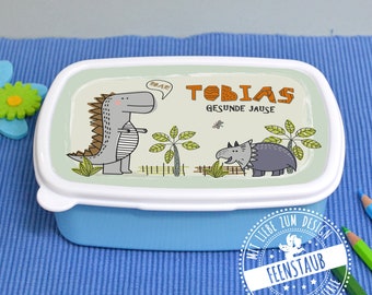 Brotdose Dinos für Kinder mit Namen personalisiert - Dinosaurier Frühstücksbox Lunchbox Vesperbox, Geschenk zur Einschulung in Schultüte