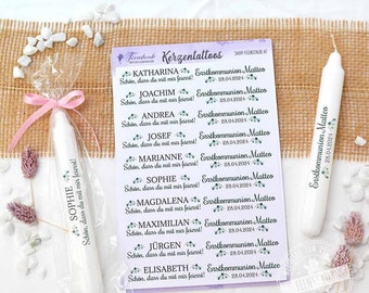 Personalized first communion candle tattoos, printed candle foil for stick candles, eucalyptus, DIY giveaways, make your own table decorations