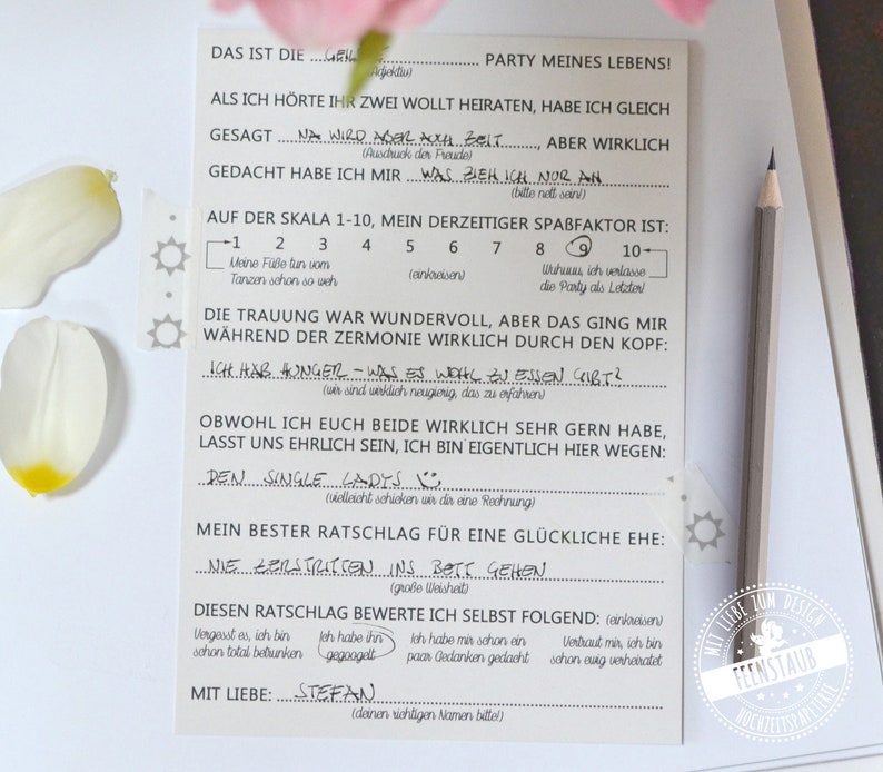 Gästebuchkarten zum Ausfüllen mit vorgedruckten Fragen, Gästebuch Idee für die Hochzeit, Alternative zu blanko Gästebuch witzig Bild 1
