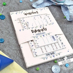 Baby Shower Babyparty großes Karten-Set Spielideen, Wunschkarten fürs Baby, Ratschläge für Eltern, Quizkarten für Babyshower Party, blau