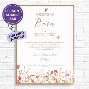 Patenbrief Feldblumen, personalisierter Taufbrief, Geschenke zur Taufe, Geschenk für Paten, Patin oder Patenkind, persönliches Taufgeschenk