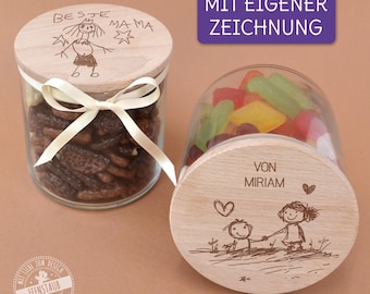 Vorratsglas mit Holzdeckel, personalisiertes Aufbewahrungsglas, Deckel graviert mit eigener Kinderzeichnung, Geschenk für Mama, Muttertag