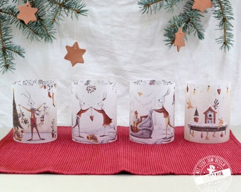 Teelichthülle für Weihnachten, Lichthülle 4er Set für Teelicht Windlicht Weihnachtsdeko mit süßen Hasen als Tischdeko Weihnachtskerze Advent