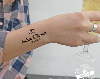 Tattoo für Hochzeit, personalisiert mit Brautpaar Namen und Hochzeitsdatum, temporäres Klebetattoo für alle Hochzeitsgäste, Hochzeitsparty