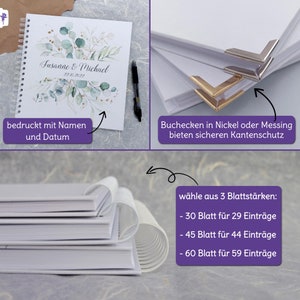 Gästebuch für die Hochzeit, mit vorgedruckten Fragen zum Ausfüllen, personalisierbar, Hochzeitsgästebuch Eukalyptus Hardcover Buchdeckel Bild 2