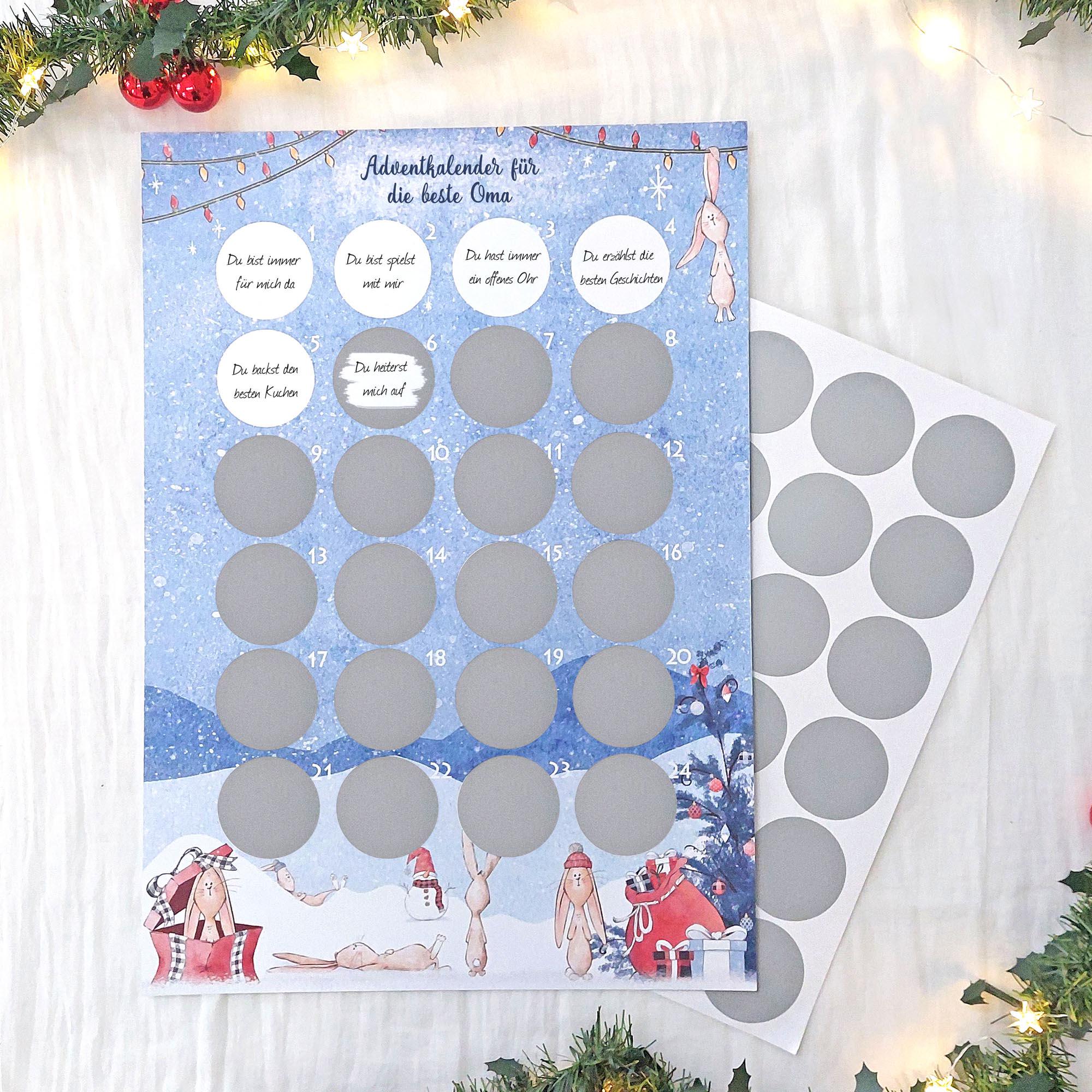 Rubbel Adventskalender 73-teilig - DIY Kalender Mit Karten, Klammern & Kratzfolie