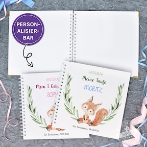 Libro degli ospiti 1° compleanno battesimo personalizzabile rosa o blu, album vuoto per inserire voci, incollare foto e cartoline, copertina rigida, volpe
