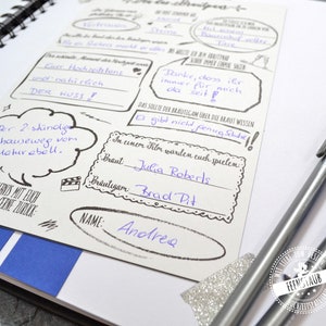 May include: A white page with black text and drawings. The page is from a wedding guest book. The text includes "The 2-hour drive home from the wedding" and "In a movie, you would be played by Julia Roberts and Brad Pitt".