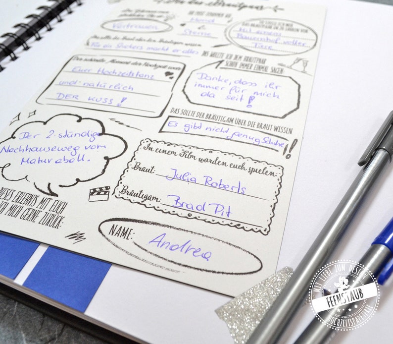 May include: A white page with black text and drawings. The page is from a wedding guest book. The text includes "The 2-hour drive home from the wedding" and "In a movie, you would be played by Julia Roberts and Brad Pitt".