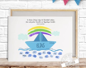 Guest book first communion fingerprint picture, canvas for fingerprints, communion gift, gift from godfather, boat with rainbow