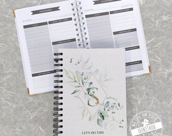 Daily planner A5 format, personalized monogram and saying, to-do lists and tasks, undated calendar, eucalyptus, planner without date