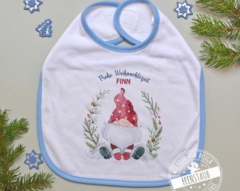 Weihnachten Baby-Lätzchen personalisiert mit Namen und Weihnachtsgnom Weihnachtszwerg Junge, erstes Weihnachtsfest, Geschenk zum Nikolaus