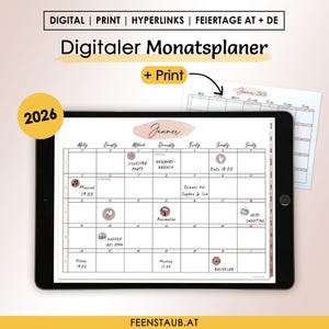 Könnte beinhalten: Ein digitaler Monatsplaner für Januar 2026, angezeigt auf einem Tablet, mit einer Druckversion. Das Design beinhaltet den Text "Digitaler Monatsplaner" und Ereignis-Icons. Das Farbschema ist schwarz, weiß und beige.